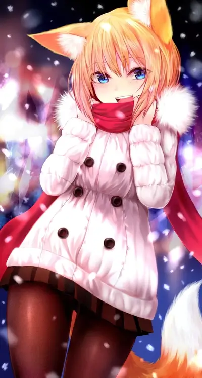 Smiling anime girl with fox ears and tail in the snow