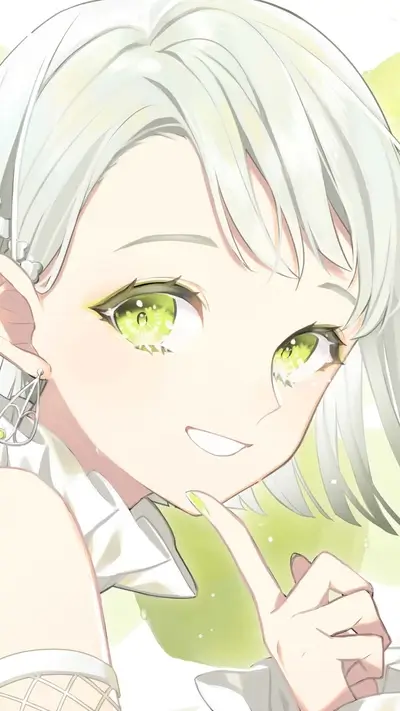 Smiling anime girl with green eyes and silver hair