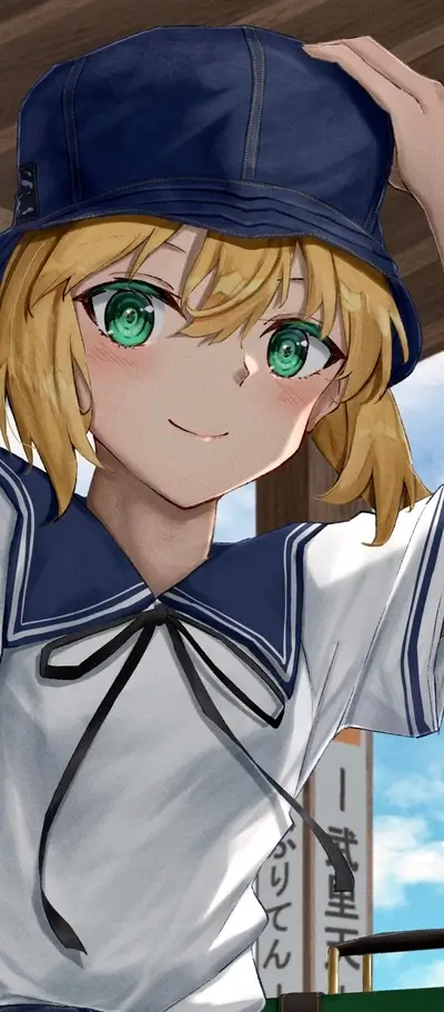 Smiling anime girl with green eyes wearing a blue hat.