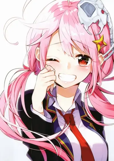 Smiling anime girl with pink hair, school uniform and unusual hair ornament