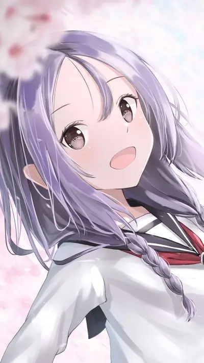 Smiling anime girl with purple hair and school uniform
