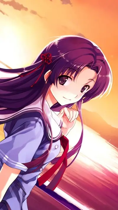 Smiling anime girl with purple hair in school uniform against a sunset background