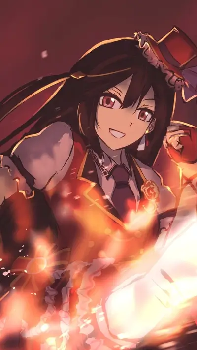 Smiling anime girl with red eyes and red outfit in dynamic lighting