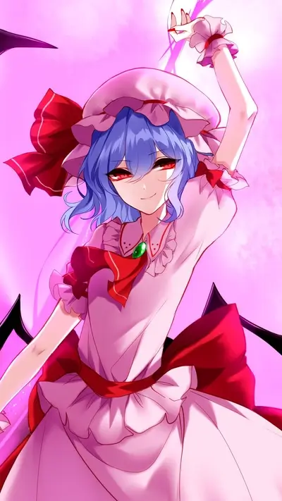 Smiling anime girl with red eyes and wings, pink color scheme