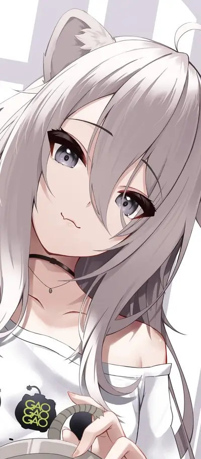 Smiling anime girl with silver hair, holding a steering wheel