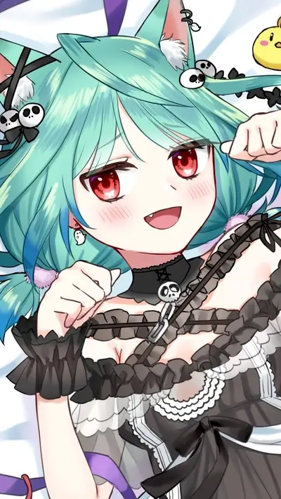 Smiling anime girl with teal hair, cat ears and red eyes