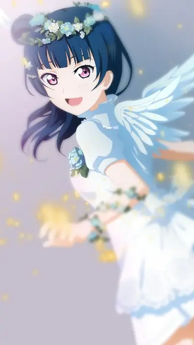 Smiling anime girl with wings and flower crown, angelic and ethereal