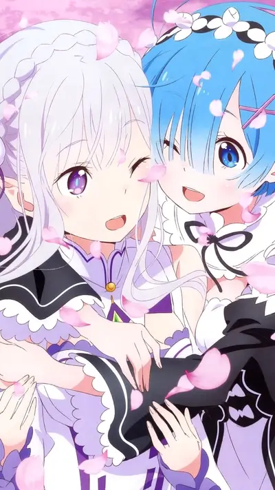 Smiling anime girls embracing, petals falling, close up