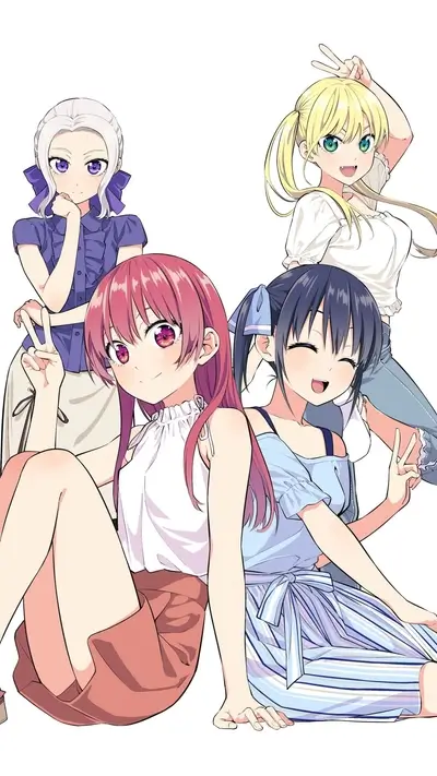 Smiling anime girls posing, making peace sign gesture, light and colorful setting