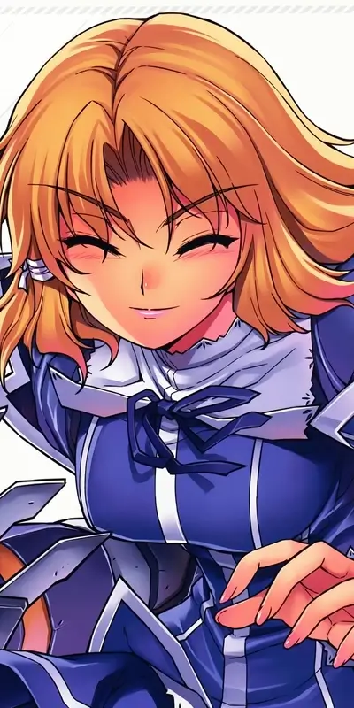 Smiling blonde anime girl in a blue and white outfit armor