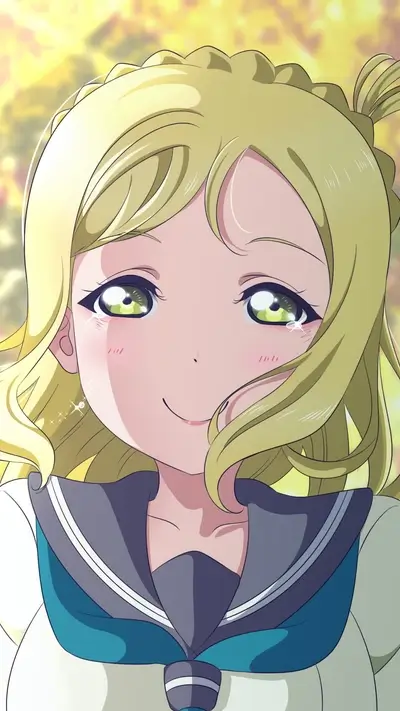 Smiling blonde anime girl with green eyes and school uniform