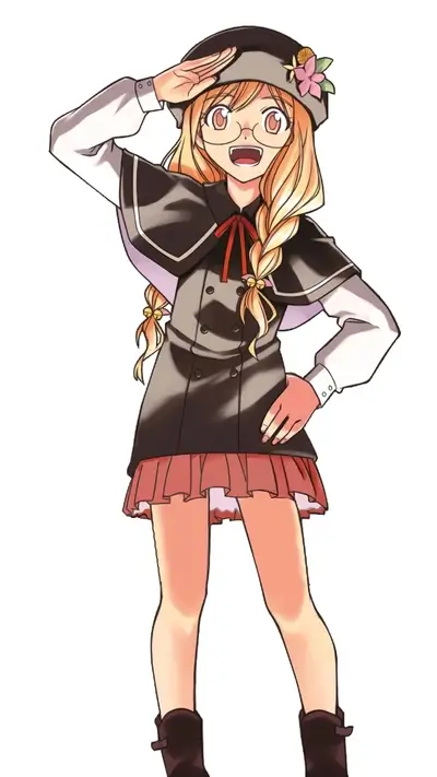 Smiling blonde girl in black outfit with red accents