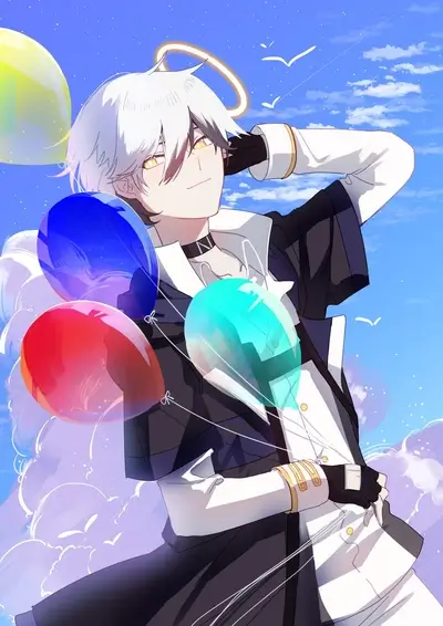 Smiling boy with balloons, halo, and white hair in colorful scene