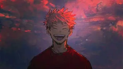 Smiling character art with red hair, set against dramatic red and purple background