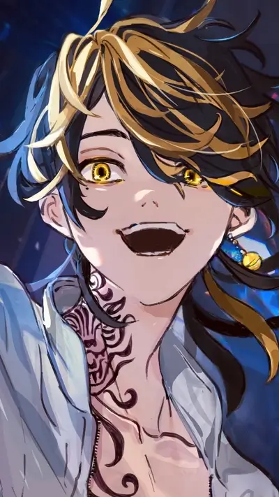 Smiling character with golden hair and tattoos