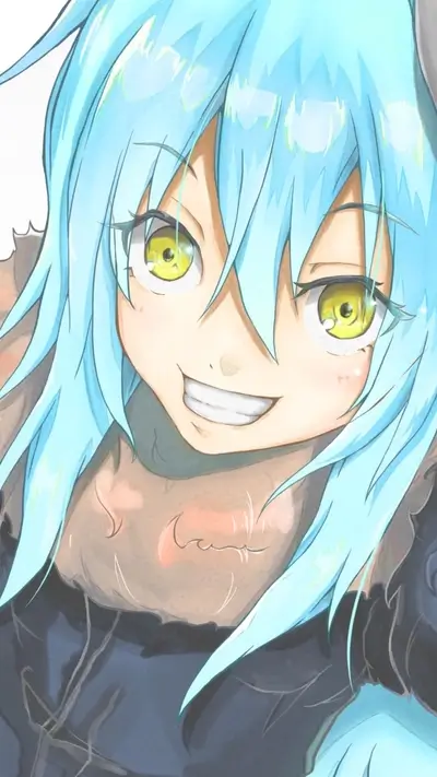 Smiling character with light blue hair and bright yellow eyes