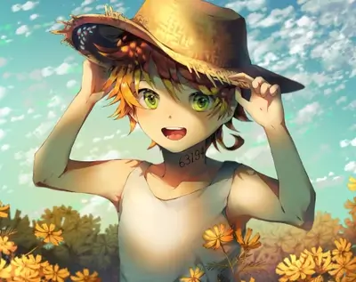 Smiling character with straw hat in a field of yellow flowers under blue sky