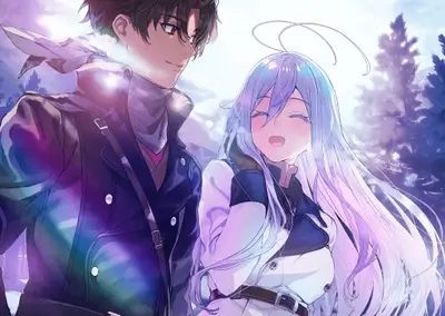 Smiling characters bathed in soft light, winter setting