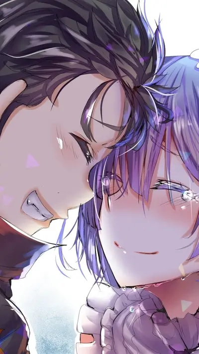 Smiling couple embracing, tears streaming, close-up view