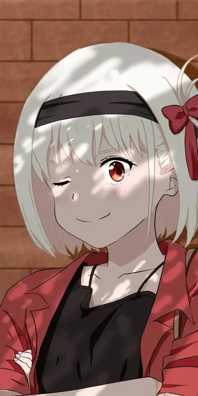 Smiling girl character with short white hair, red eye, winking.