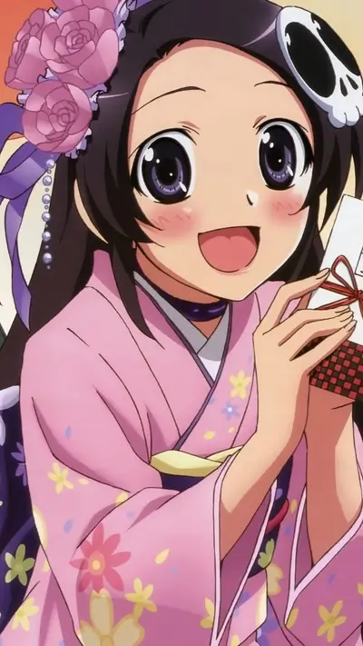 Smiling girl holding a present wearing a pink kimono with floral pattern