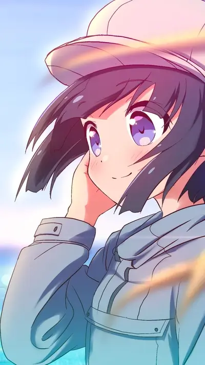 Smiling girl in a hat, looking at the sky