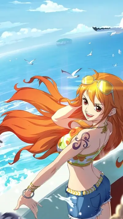 Smiling girl in beachwear with orange hair, waves, and clear sky