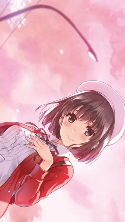 Smiling girl in red cardigan under cherry blossoms