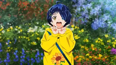 Smiling girl in yellow hoodie, vibrant flower background