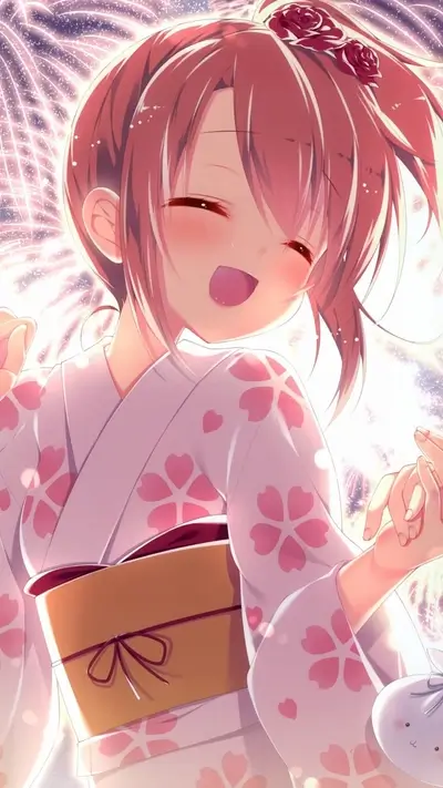 Smiling girl in yukata during fireworks