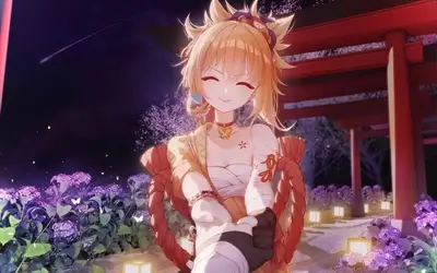 Smiling girl offering a hand, nighttime setting
