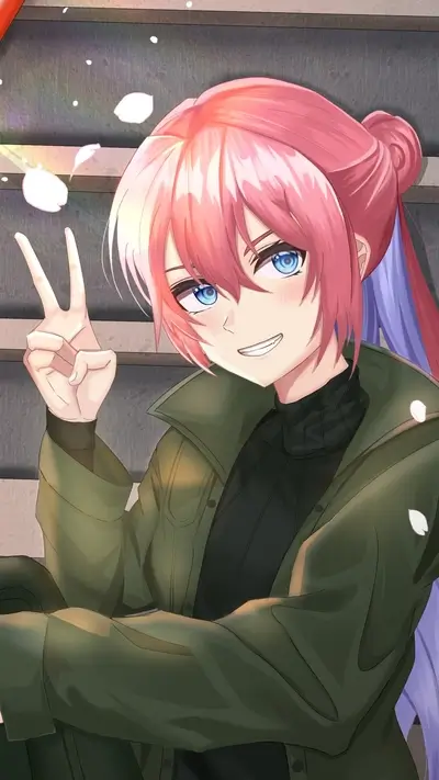 Smiling girl peace sign, pink hair, green jacket