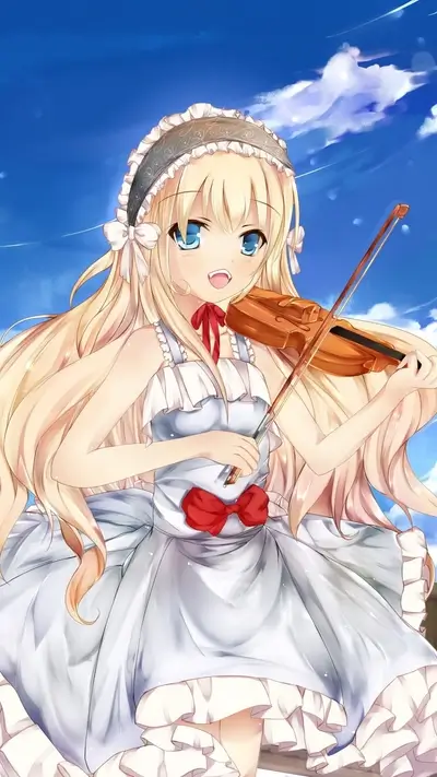 Smiling girl playing violin, against a bright blue and white sky