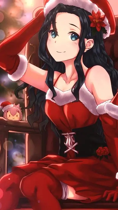 Smiling girl wearing santa outfit near christmas tree.
