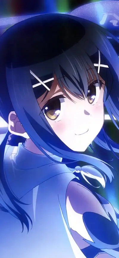 Smiling girl with blue hair, wearing a blue outfit