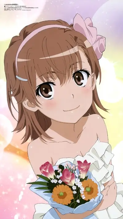 Smiling girl with brown hair and a pink bow, holding a bouquet
