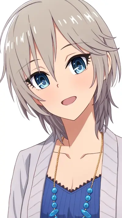 Smiling girl with grey hair and blue eyes