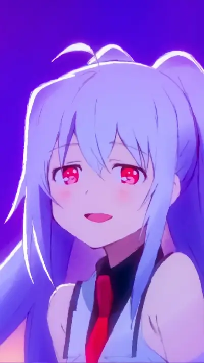 Smiling girl with long purple hair, red eyes, and a red tie
