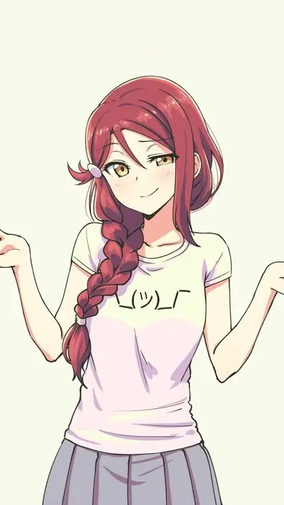 Smiling girl with red hair in a braid, wearing a white t-shirt