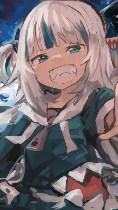Smiling girl with white hair and teal clothing