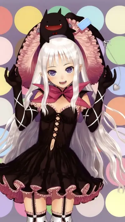 Smiling girl with white hair, wearing a cute black dress