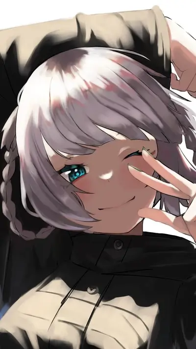 Smiling girl with white hair, winking