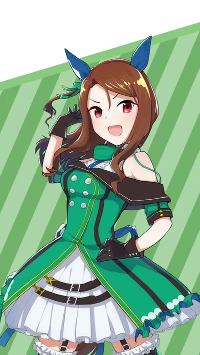 Smiling horse girl is posing with green striped background, happily glancing