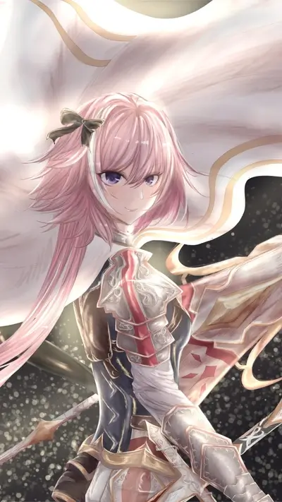 Smiling knight with pink hair and cape