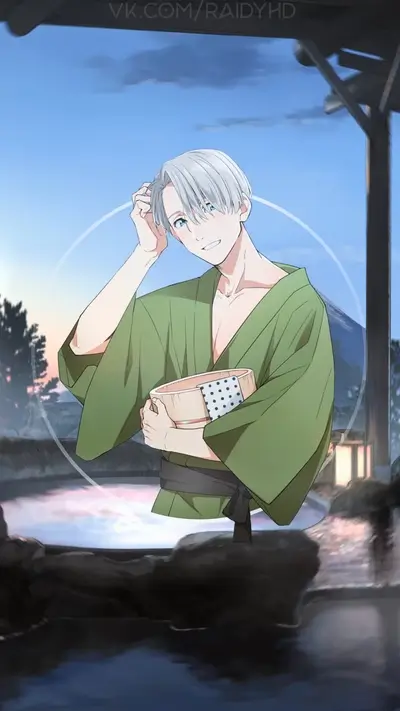 Smiling male character in a yukata, hot spring background.