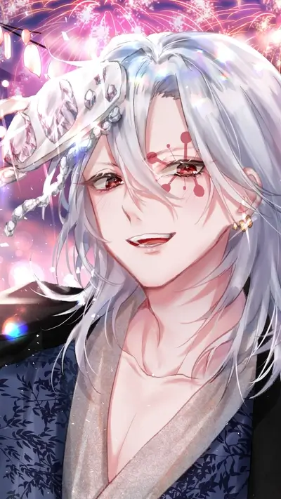 Smiling man with red eyes and fireworks background
