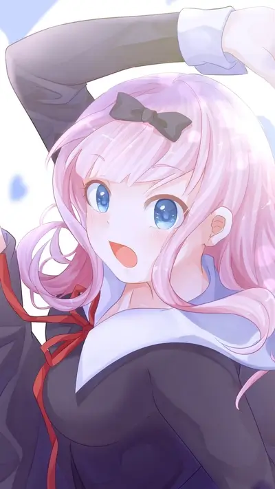 Smiling pink-haired anime girl with bright blue eyes