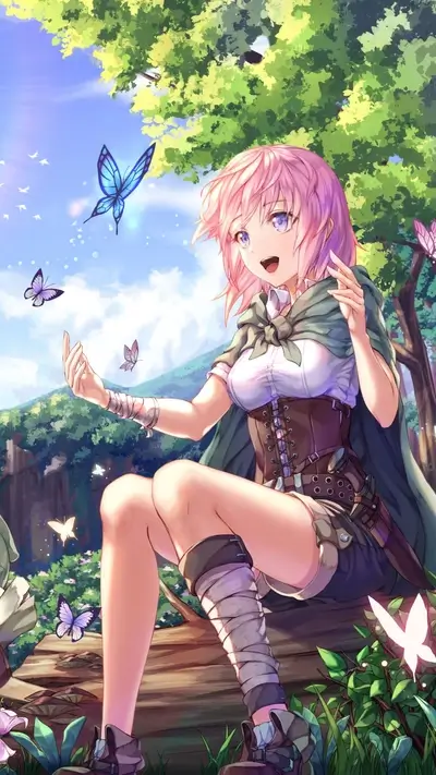 Smiling pink-haired girl with butterflies in forest, wearing adventurer's gear