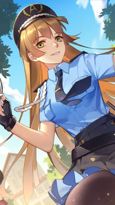 Smiling police officer with blonde hair, wearing uniform in outdoor setting