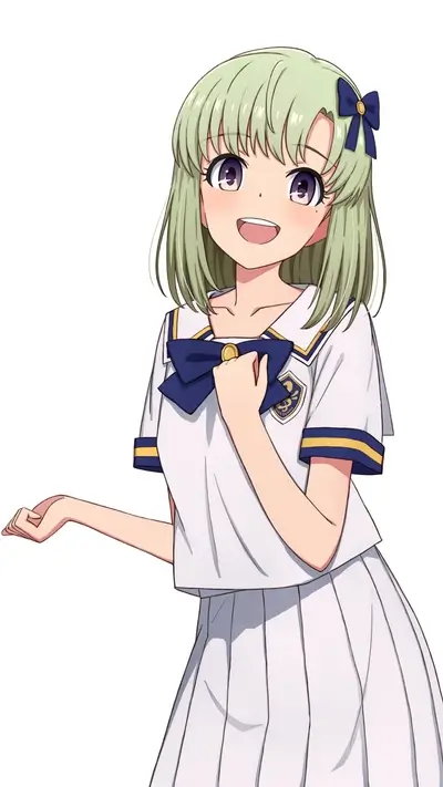 Smiling schoolgirl in uniform with olive green hair, purple eyes